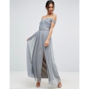 Asos bridesmaid gray pleated maxi dress